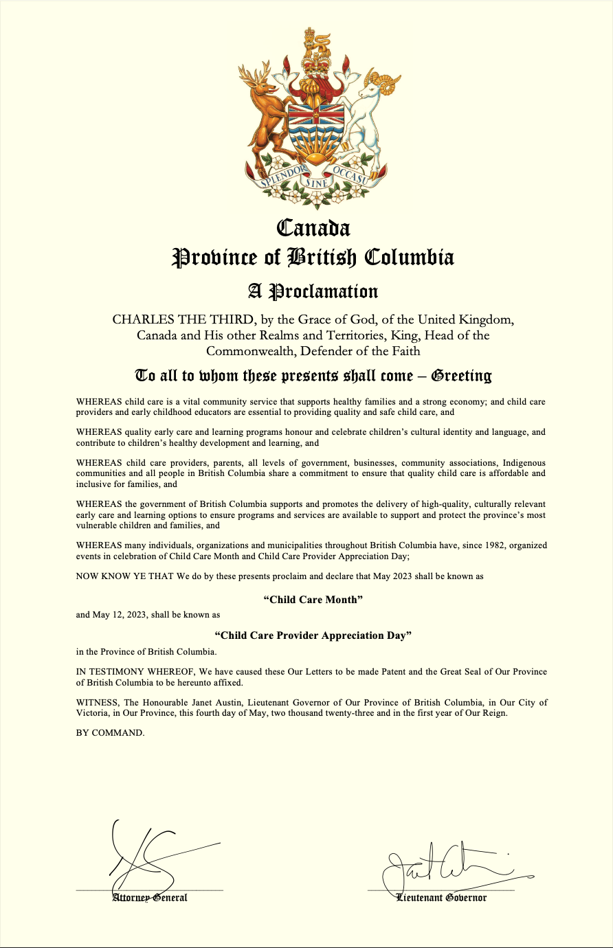 BC Proclamation for Child Care Month and Child Care Appreciation Day